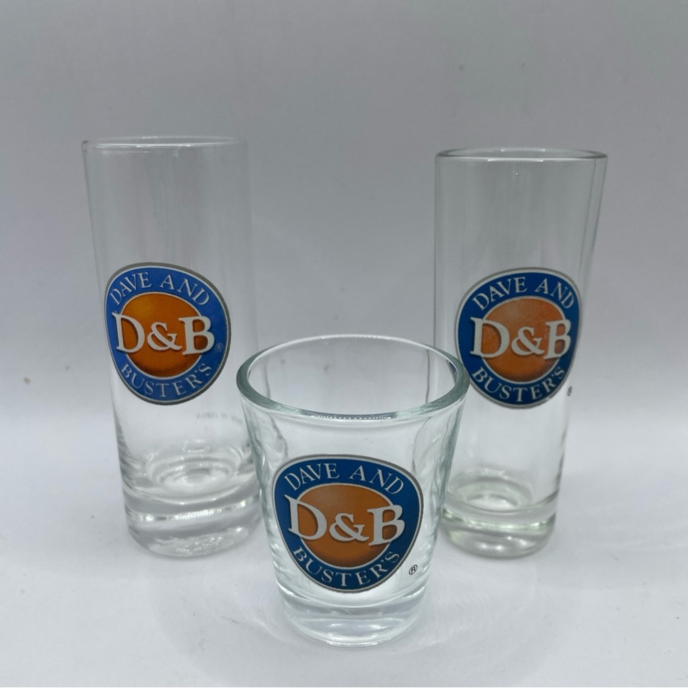 3 Dave and Busters Shot Glasses D&B Two Tall Skinny One Regular All Different